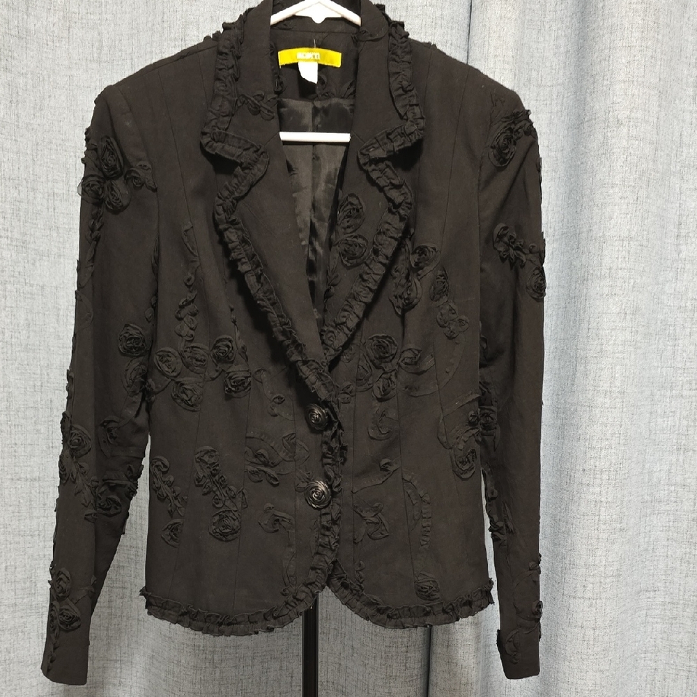 Acorn Black Textured Floral Appliqued Women's Blazer With Flower Buttons Sz 4‎